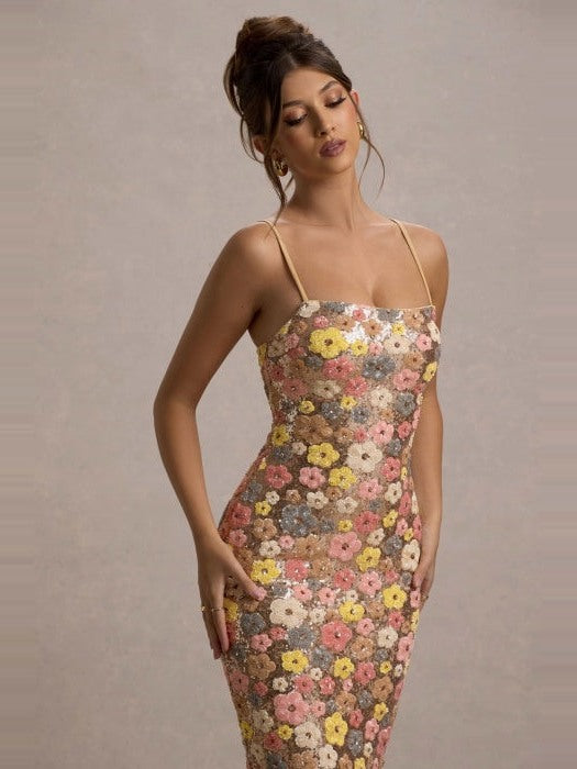 Alma Floral Column Dress in Meadow, bodice detail