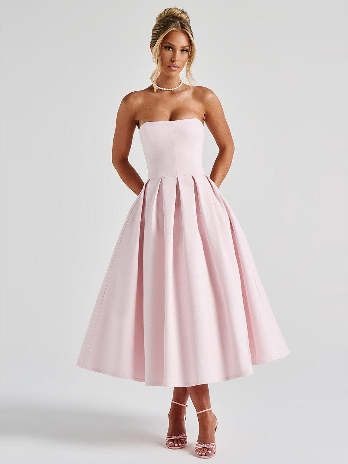 Edith Pleated Midi Dress in Blush — front, alternate