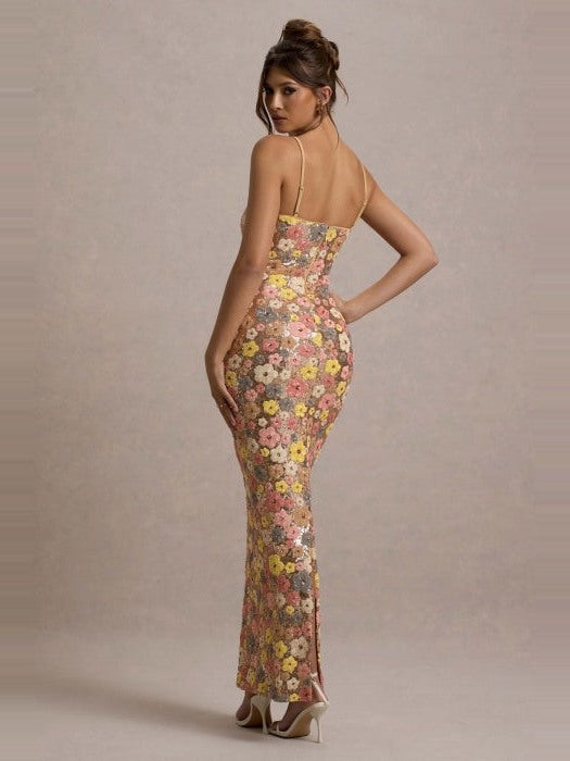 Alma Floral Column Dress in Meadow, back