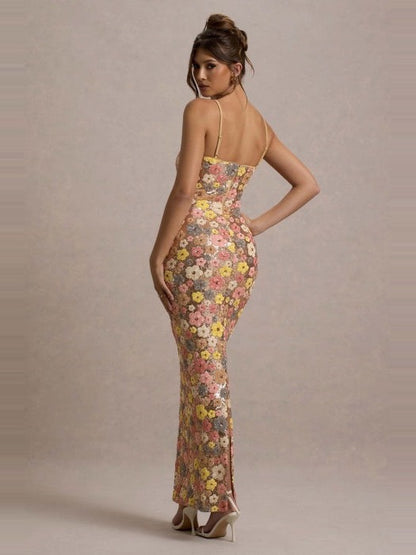 Alma Floral Column Dress in Meadow, back
