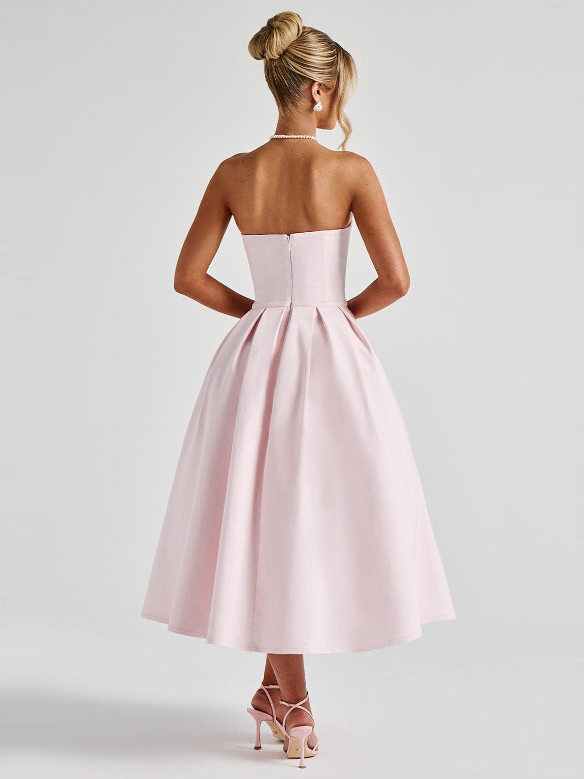 Edith Pleated Midi Dress in Blush — back view