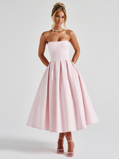 Edith Pleated Midi Dress in Blush — front, alternate