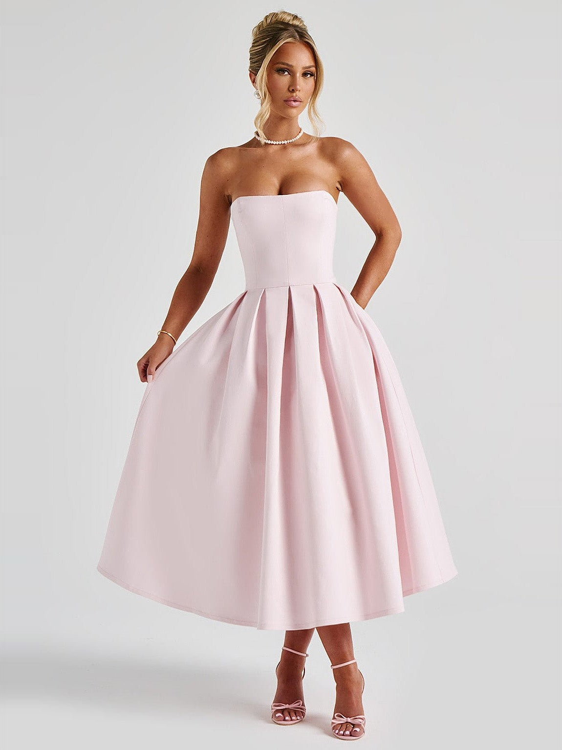 Edith Pleated Midi Dress in Blush — front, full length