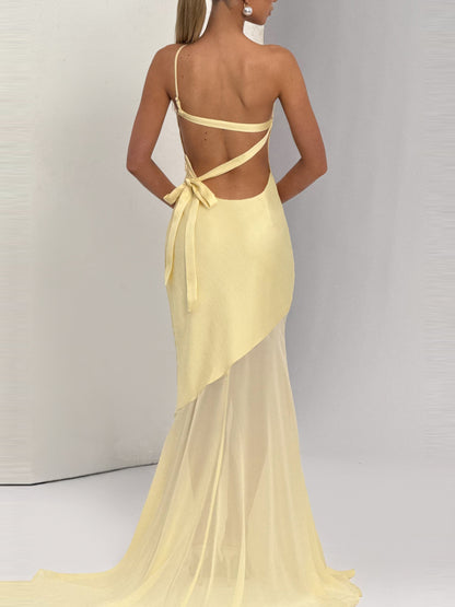 Fable One-Shoulder Gown in Lemon — open back with tie