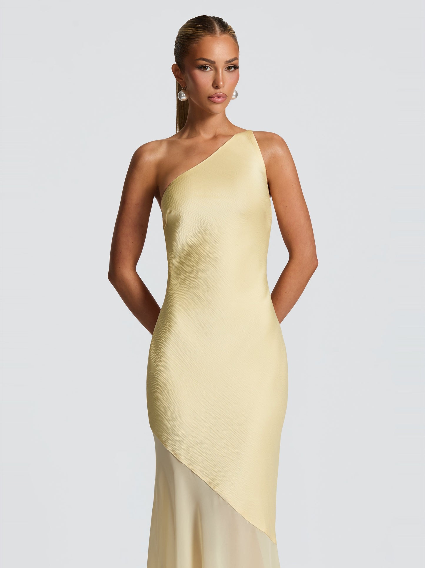 Fable One-Shoulder Gown in Lemon — textured satin bodice detail