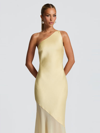 Fable One-Shoulder Gown in Lemon — textured satin bodice detail