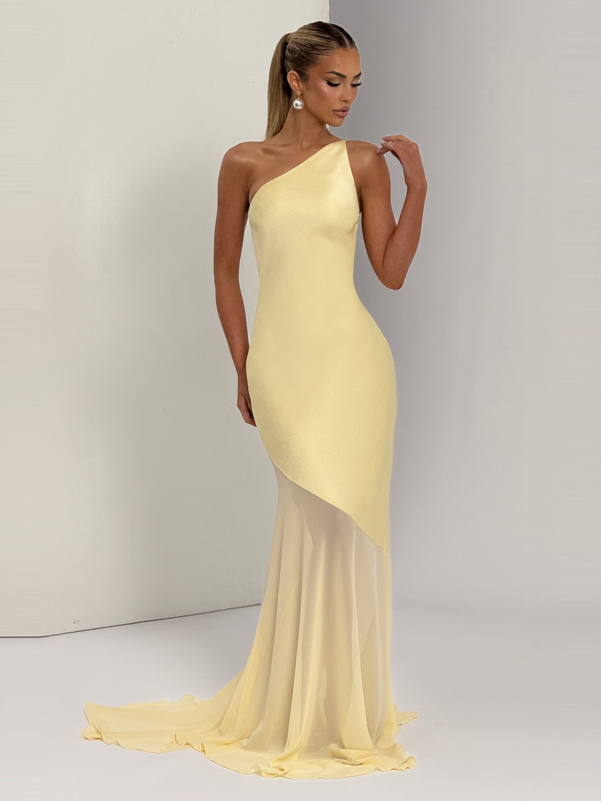 Fable One-Shoulder Gown in Lemon — front, full length