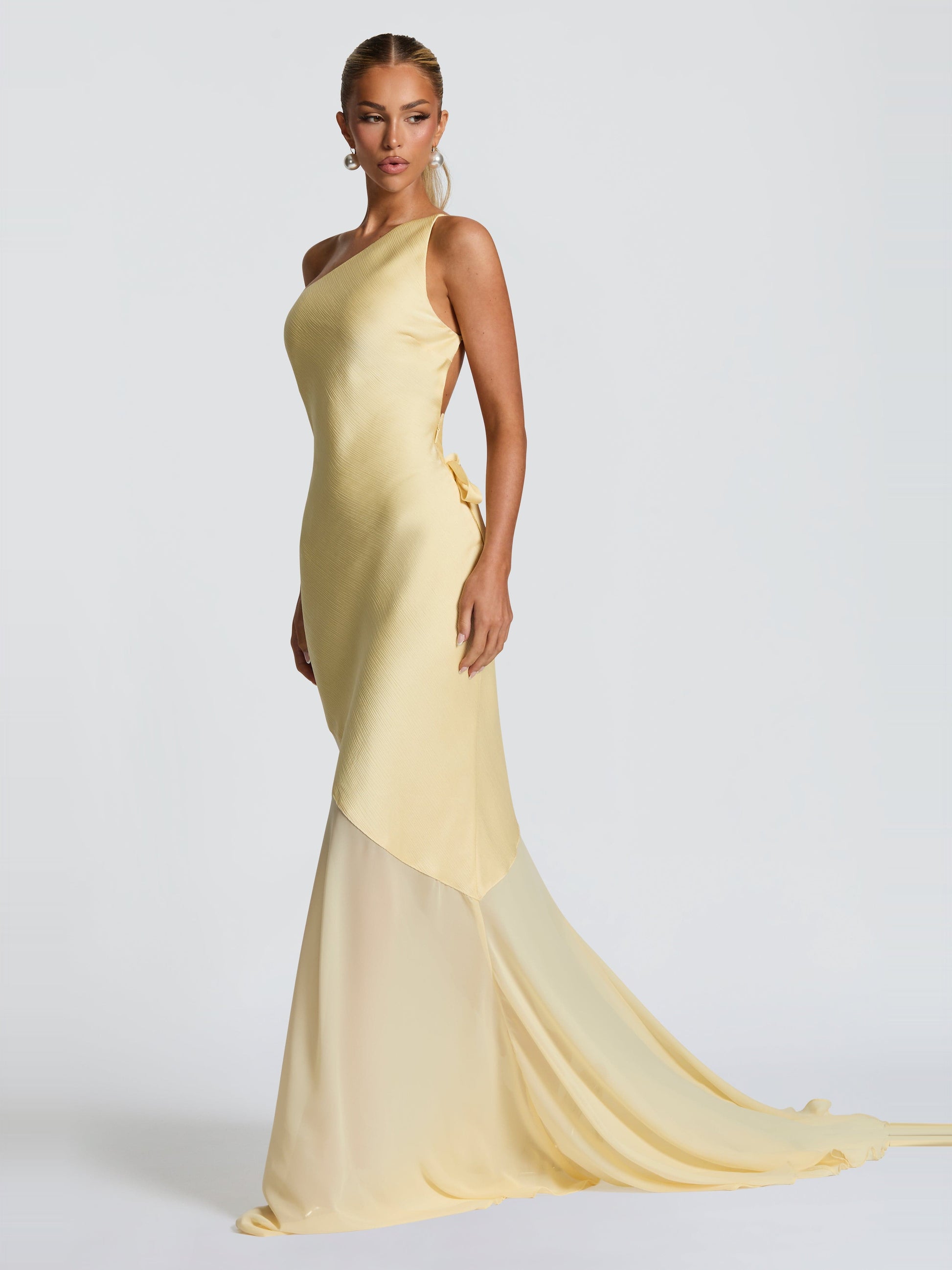 Fable One-Shoulder Gown in Lemon — side, train visible