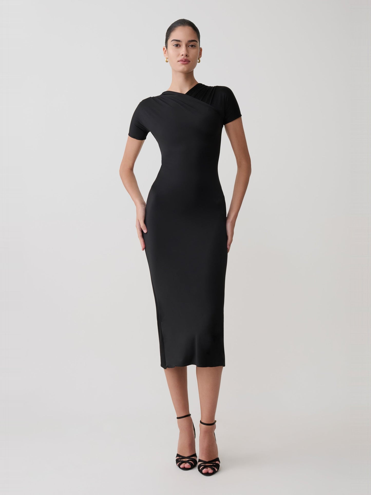Lena Crossover Midi Dress in Obsidian, front