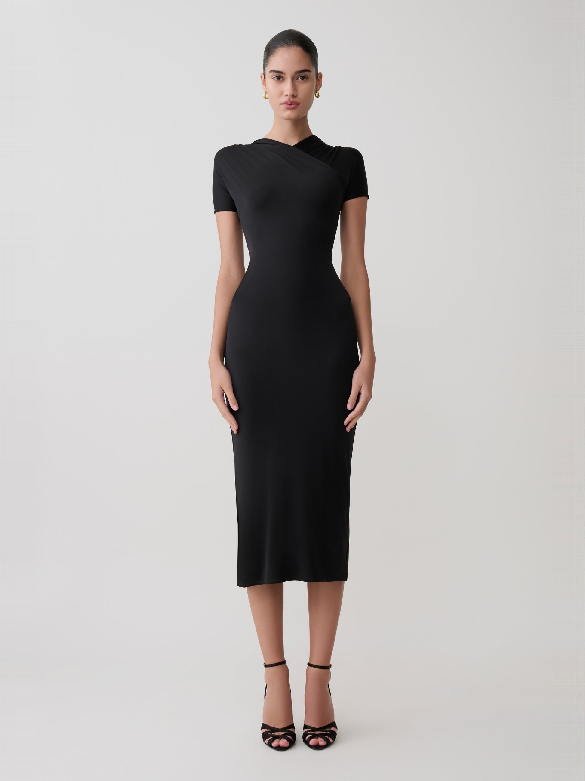 Lena Crossover Midi Dress in Obsidian, front detail of the neckline