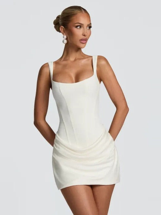 Mira Corset Mini Dress in Ivory, bodice detail